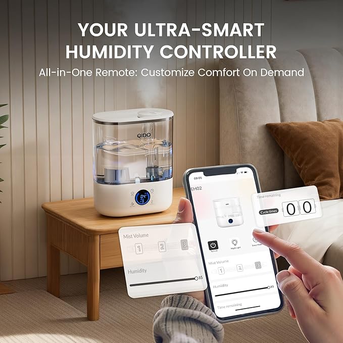 QIDO Top Fill Humidifiers for Bedroom, 5 L Cool Mist 36H Super Long Time, Quiet 28dB Essential Oil Diffuser for Baby & Plants, 3 Adjustable Mist with Touch/APP/7-color Nightlight, Auto Shut-off, White - Image 5