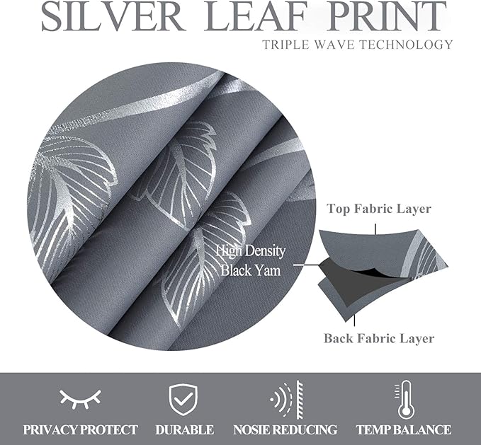 BUHUA Striped Blackout Curtains Grommet Top Wave Vine Pattern Room Darkening Curtains for Patio Door 52Wx84L Light Grey 2 Panels - Image 6