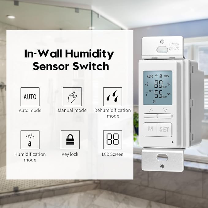 Ortis New 2024! Humidity Sensor Switch, in-Wall Bathroom Fan Automated Control Switch, Separate Sensor for Better Moisture Detection, 328ft Range, 110/220V, Keep Your Room Dry - Image 2
