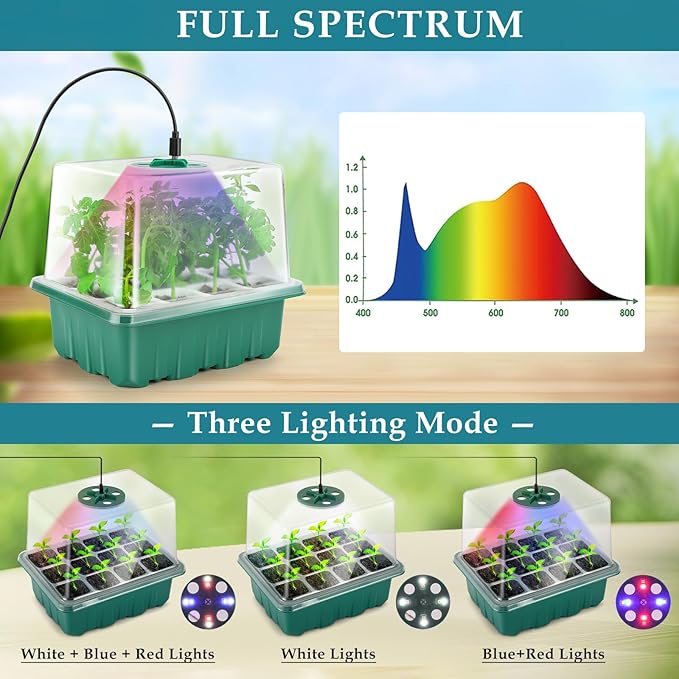 Seed Starter Tray with Grow Light, 60 Flexible Cells 5 PCS Seed Starter Kit, Reusable Seedling Starter Trays with Humidity Dome and High Lid, Germination Trays for Indoor Greenhouse Seed Starter - Image 6