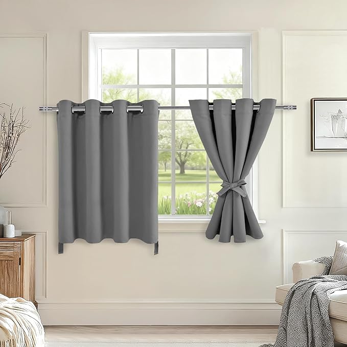 Hiasan RV Blackout Curtains for Bedroom, 52 x 30 Inches Long - Thermal Insulated & Light Blocking Window Curtains for Living Room, 2 Drape Panels Sewn with Tiebacks, Light Grey - Image 2