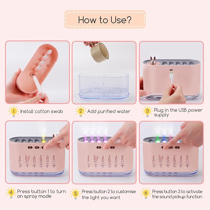 5 Nozzle Music Sensing Cool Mist Humidifier,Humidifier Diffuser with 20 Color LED Light, 700ML Essential Oil Diffuse, Auto Shut Off, Aroma Diffuser for Bedroom Home Office Yoga (Pink) - Image 7