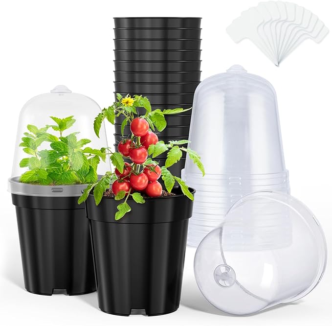 homenote Nursery Pots for Plants,5 Inch Plant Pot for Planting with Humidity Domes Plastic Seedling with Drainage Holes Seed Starter Flower with 10 Labels Black (15 Pack) by HOMENOTE