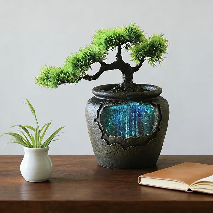 12Inch Fake Bonsai Tree Small Waterfall Fountain Indoor Tabletop Decoration with LED Lights and Water Flow, Resin Desktop Water Fountains Indoor Home Decor or Festival Birthday Surprise - Image 9