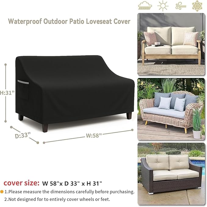 Waterproof Patio Loveseat Cover, 58.3W x 32.7D x 31H inches Heavy Duty 600D Weather-Resistant Outdoor Furniture Protector Black - Image 2