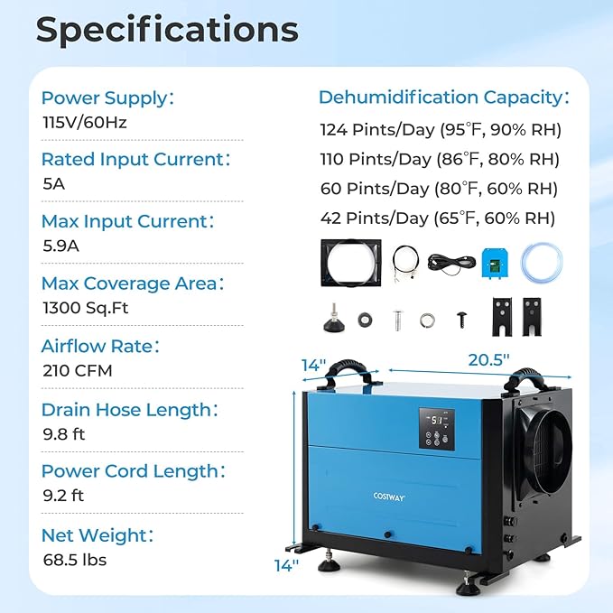 COSTWAY 124 PPD Commercial Dehumidifier, 1300 Sq.Ft Crawl Space Dehumidifier with 9.8 FT Drain Hose & Wired Remote Control Panel, Ideal for Basement, Warehouse, Job Site (Blue) - Image 8