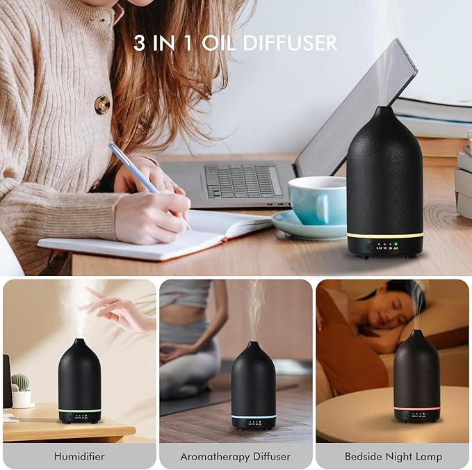 Essential Oil Diffuser Ceramic Diffuser - 150ml Aromatherapy Diffuser for Essential Oils with Timer and 7 Colors LED Light Ultrasonic Aroma Diffuser with Auto Shut-Off, Home Office Decor&Gift (Black) - Image 6