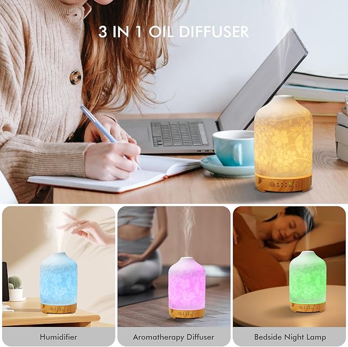 Aromatherapy Essential Oil Diffuser 150ml Ceramic Ultrasonic Aroma Oil Diffuser Humidifier Whisper Quiet Timer Setting 7 LED Colors Changing Lights for Home Office (Cherry Blossom) - Image 6