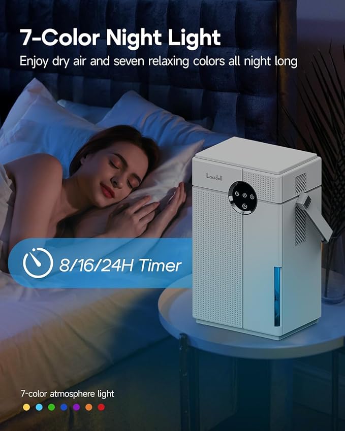 Small Dehumidifier with Drain Hose, Portable Dehumidifier for Bathroom, 118oz Dehumidifiers for Home 800 sq ft with 7 Colorful Light, Quiet Dehumidifiers for Bedroom RV Closet Basement,White - Image 7