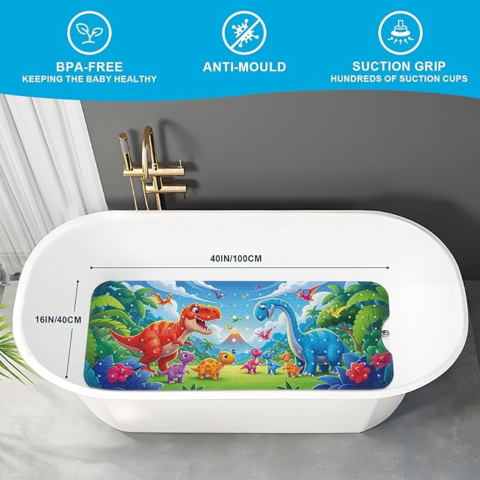 XIYUNTE Baby Bath Mat for Tub Non Slip Kids Bath Mat - 40''x16'' Extra Long Cartoon Bathtub Mat Non Slip Kids Shower Mat Eco-Friendly Toddler Bath Mats with Suction Cups, Machine Washable, Dinosaur - Image 2