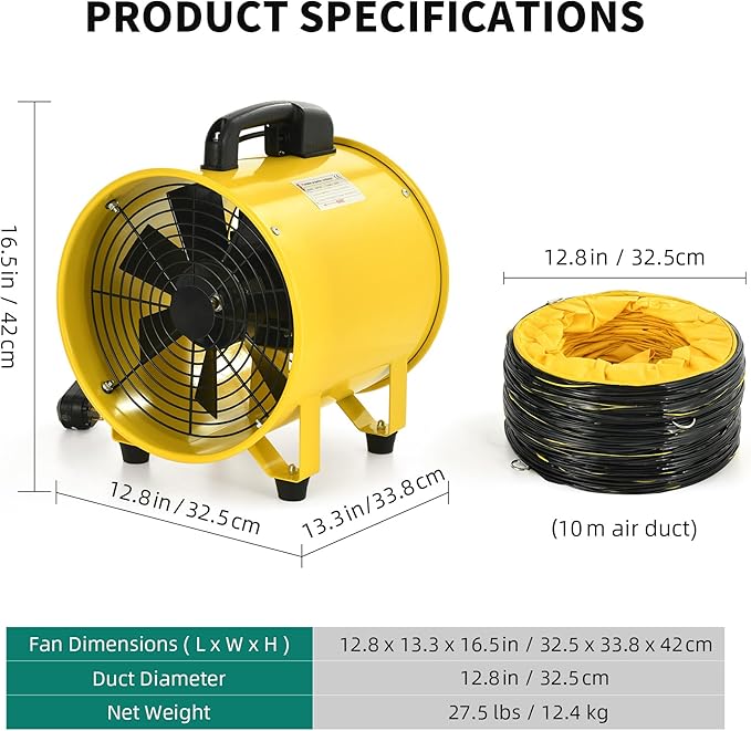 YITAHOME Utility Blower Fan 12 Inch, Two Speed Portable Exhaust Fan, Extractor Fan with GFCI Plug Automatic Power-off Protection, Ventilation Fans with 32FT Ducting for Paint Booth, Warehouse - Image 8