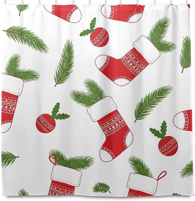 Christmas Stocking White Shower Curtain Liner 72×72 inch for Bathroom Curtain Anti Mold Shower Curtain with Hooks Shower Accessories - Image 2
