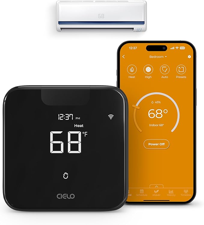 Breez Max | ENERGY STAR CERTIFIED Smart AC Controller | WiFi Thermostat for Mini-Split, Window, Portable ACs/Heat Pumps | AI-Based Tech | Free App, No Subscriptions | Alexa, Google, IFTTT etc. (Black) by CieloBreez