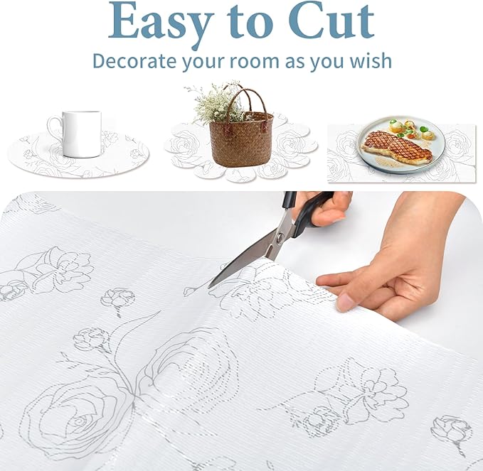 Shelf Liners for Kitchen Cabinets 17in x 20FT Non Adhesive Drawer Liner Sliver Floral Thickened Shelf Liner Paper Strong Non-Slip Easy to Clean for Tool Box Refrigerator with Knife and Tape Measure - Image 6
