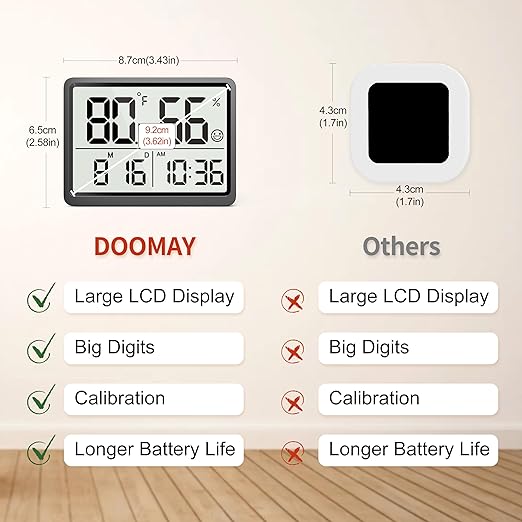 DOOMAY Room Thermometer Indoor - Hygrometer Temperature and Humidity Monitor with High Accuracy Sensor LCD Display Large Display Date Clock for Kitchen Baby Room Office (Black) - Image 4