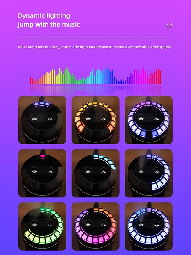 Mini Humidifier Car Diffuser Music Humidifier with Sound Sensor, Dynamic Colorful Light & Mist Adjustment, 300ml Capacity, Cool Mist, USB Powered. Perfect for Bedroom, Office & Car - Image 6