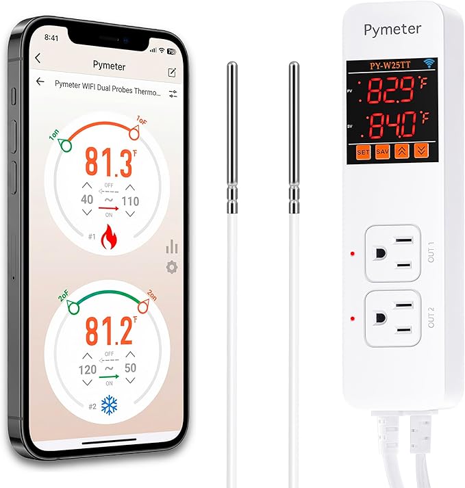 WiFi Temperature Controller with Dual Probes, Smart Digital Thermostat with Two Outlets for Reptile Heat Mat, Greenhouse Seedlings, Homebrew Fermentation, Cooling Fan, Remote App Control by Pymeter