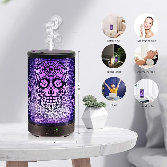 Skull Essential Oil Diffuser, Daroma 100ml Metal Aromatherapy Ultrasonic Cool Mist Humidifier Air Scent Home Office Gift, 7 Colors Changed LED Mood Light, Waterless Auto-Off - Image 6