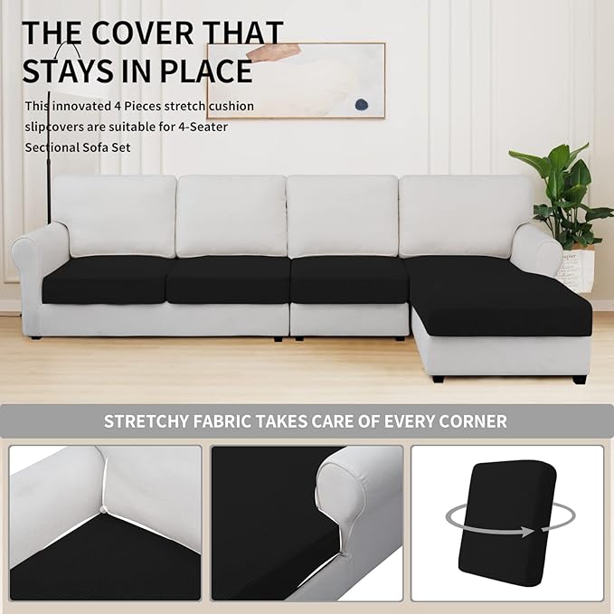 Easy-Going Stretch 4 Pieces Couch Cushion Covers for Sectional Sofa Left/Right L Shape Chaise Lounge Sofa Seat slipcover Anti-Slip Sofa Cover Soft (3 Seater + 1 Chaise, Black) - Image 5