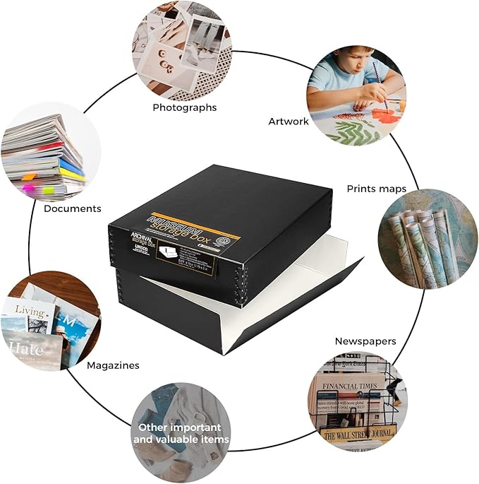 Lineco Museum Archival Storage Box, 9.75x12.75x3 in. Drop Front Design. Acid-Free with Metal Edge. Organize Photos, Pictures, Prints, Documents, Crafts, DIY. Black, 2 Pack - Image 6
