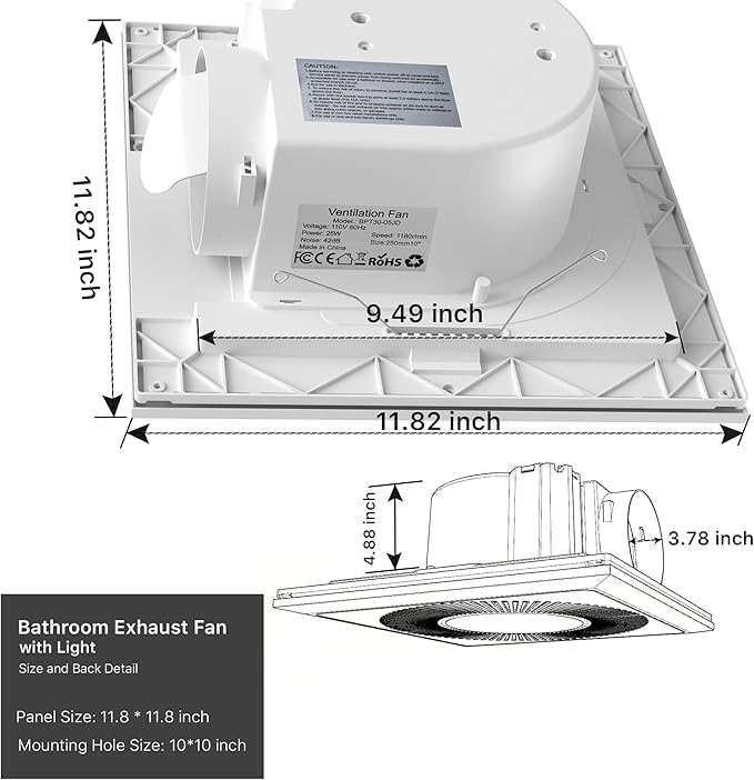 Bathroom Exhaust Fan with Light 165CFM Shower Bathroom Vent Fan with 11.8IN 15w Led Light Combo Quiet 42dB Bath Ceiling Exhaust Fan with Adjustable Led Light 3000k/4000k/6500k For Home Bath - Image 7