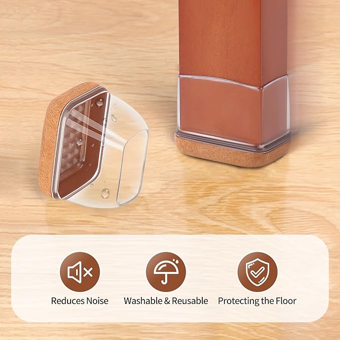 Ezprotekt 24 Pcs Rectangle Clear Felt Chair Leg Floor Protectors Caps for Hardwood Floors, Rectangle Silicone Felt Furniture Pads Cups for Chair Table Desk (Fit W :0.6-0.8", L: 0.9-1.3") - Image 4