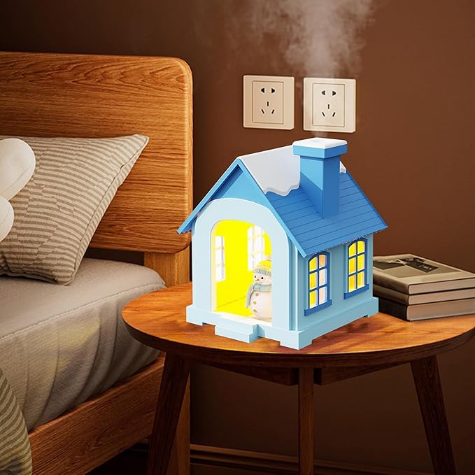 Christmas Village Houses Humidifier 500ml, Cute Snow House Cool Mist Humidifier with Snowman Figurines & Night Light for Bedroom & Office Décor (Blue) - Image 3