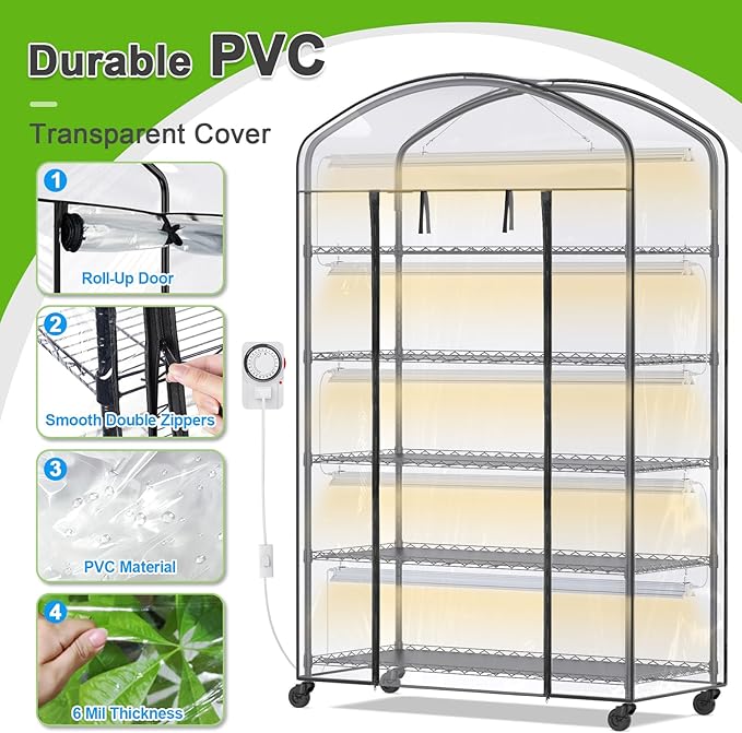Abimars 5-Tier Greenhouse with Grow Light, Shelf Height Adjustable Metal Plant Shelf with PVC Cover and Wheels, Includes 5-Pack 2900K Full Spectrum Plant Lights, 21x49x80inch - Image 6