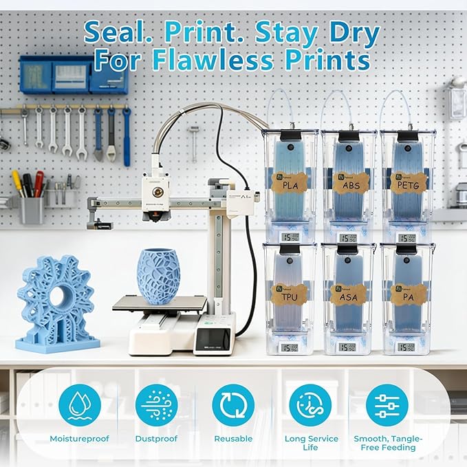 Filament Storage Box for 3D Printer, Dual-Outlet Airtight Dry Box with Ball-Bearing Spool Holder, Desiccant Dehumidifying Keeper for PLA PETG, Moisture-Proof Container with Tube Sealing Cap - Image 9