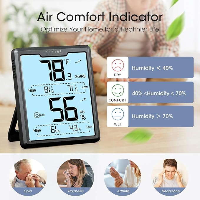DOQAUS Digital Hygrometer Room Thermometer Indoor, Humidity Meter with Large LCD Display, Backlight Temperature Humidity Monitor with Max Min Records, Black - Image 5