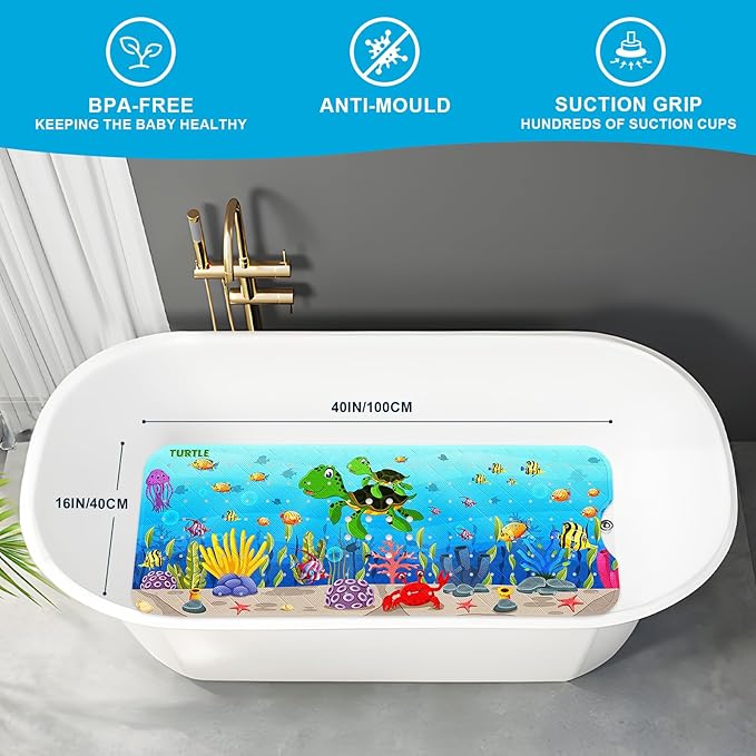 XIYUNTE Baby Bath Mat for Tub Non Slip Kids Bath Mat - 40''x16'' Extra Long Cartoon Bathtub Mat Non Slip Kids Shower Mat Eco-Friendly Toddler Bath Mats with Suction Cups, Machine Washable, Sea Turtle - Image 2