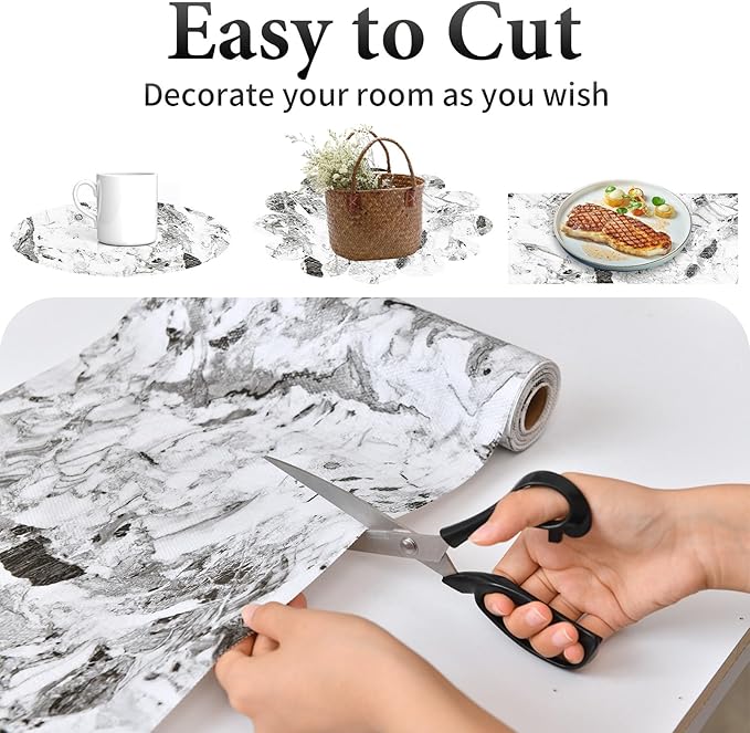 Drawer and Shelf Liner for Kitchen Cabinet: 12 in X 20 Ft Non Slip Waterproof Shelf Paper Non Adhesive Refrigerator Liners Grey and White Marble Easy Liners for Bathroom with Knife Tape Measure - Image 4