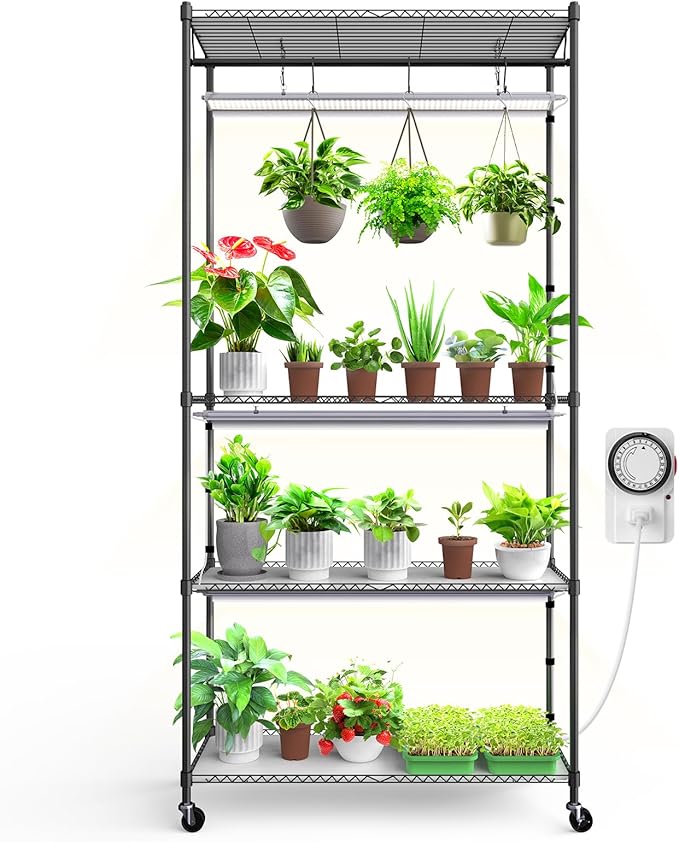 Barrina CX3 Plant Stand with Grow Light, 4-Tier, 3FT 5000K, 108W Full Spectrum Indoor DIY Plant Shelf with Lights, Flower Pot Display Rack, Greenhouse, Wheel, Mechanical Timer, 35.4"x13.8"x70.9" by Barrina