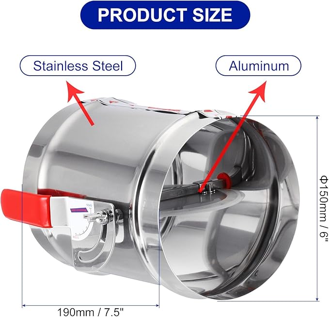 PATIKIL HVAC Duct Manual Volume Backdraft Damper, 6 Inch/150mm, Airflow Ducting Branch Vent Damper Air Control Valve, Adjustment Handle Stainless Steel, for HVAC - Image 2