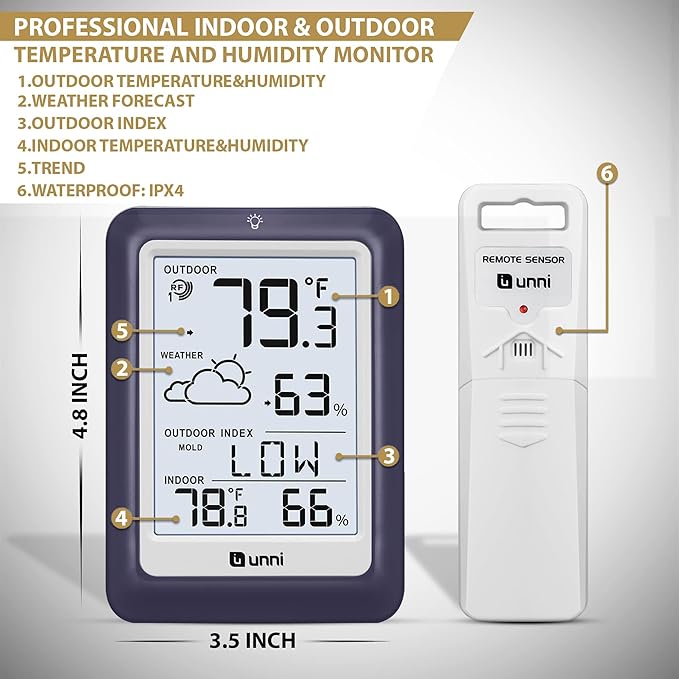 Indoor Outdoor Thermometer Wireless Weather Station, Temperature Humidity Monitor Battery Powered Inside Outside Thermometers with 330ft Range Remote Sensor and Backlight Display (Purple) - Image 6