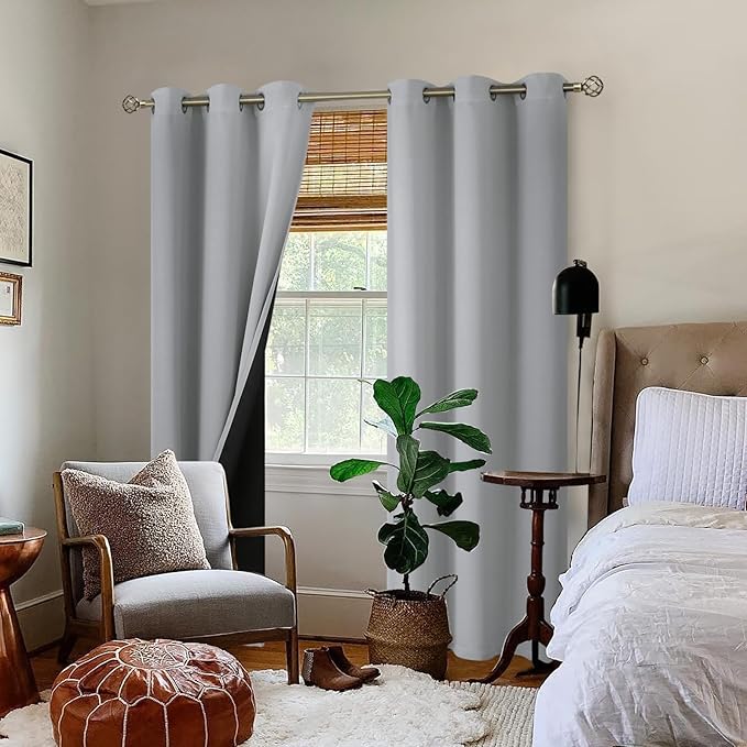 BGment Thermal Insulated 100% Blackout Curtains for Bedroom with Black Liner, Double Layer Full Room Darkening Noise Reducing Grommet Curtain (46 x 90 Inch, Light Grey, 2 Panels) - Image 2
