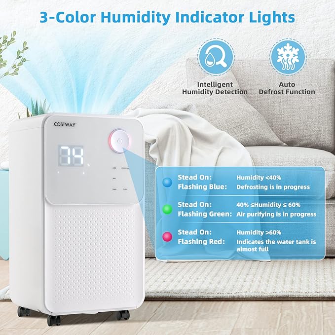 COSTWAY 2000 Sq. Ft Dehumidifier for Large Room & Basement, 32 Pint Dehumidifier with Drain Hose, 4 Modes, 2 Speeds, 24H Timer, Auto Defrost, 3-Color Digital Display - Image 5