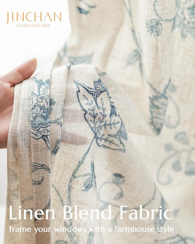 jinchan Linen Curtains Floral Curtains 96 Inch Length for Living Room Bedroom Light Filtering Rod Pocket Back Tab Jacobean Curtains Flax Linen Texture Window Drapes Set 2 Panels Blue on Linen - Image 3