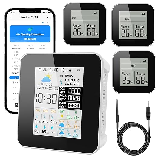 Air Quality Monitor Indoor 17-Parameter with APP Control Real-Time Display for CO2 PM2.5 PM10 Temperature Humidity 4 Sensors Alerts and Protection for Baby Rooms by JIYINGDUO