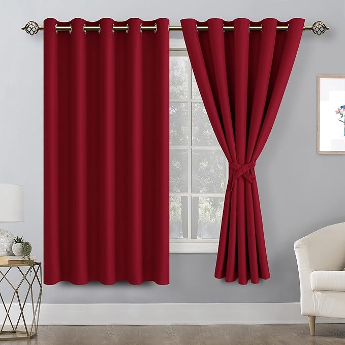 Hiasan Grommet Blackout Curtains for Bedroom, 60 x 72 Inches - Thermal Insulated & Light Blocking Window Drapes for Living Room/Dorm Room, Set of 2 Panels Sewn with Tiebacks, Christmas Red - Image 2
