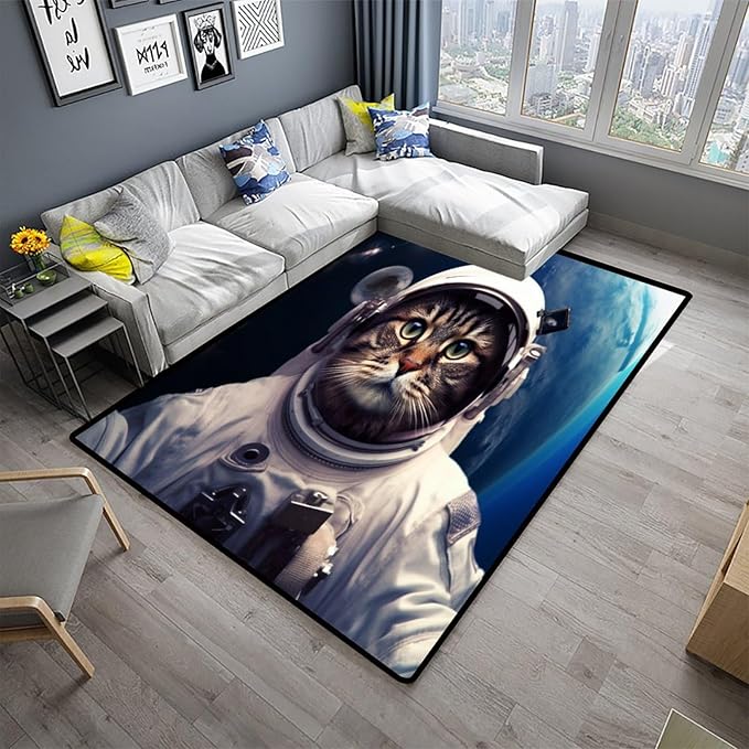 Rug, Space Kitten Pattern Printing Washable Area Rugs Fade Resistant, Flame Resistant, Quick Dry, Stain Resistant, Waterproof Floor Carpet for Living Room Bedroom, 78 x 96 Inch - Image 2