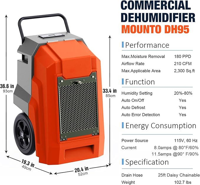 MOUNTO 180Pints LGR Industrial Dehumidifier with Pump and Drain Hose, Portable Commercial Dehumidifier with Wheels for Home, Basements, Garages, and Job Sites (Orange) - Image 4