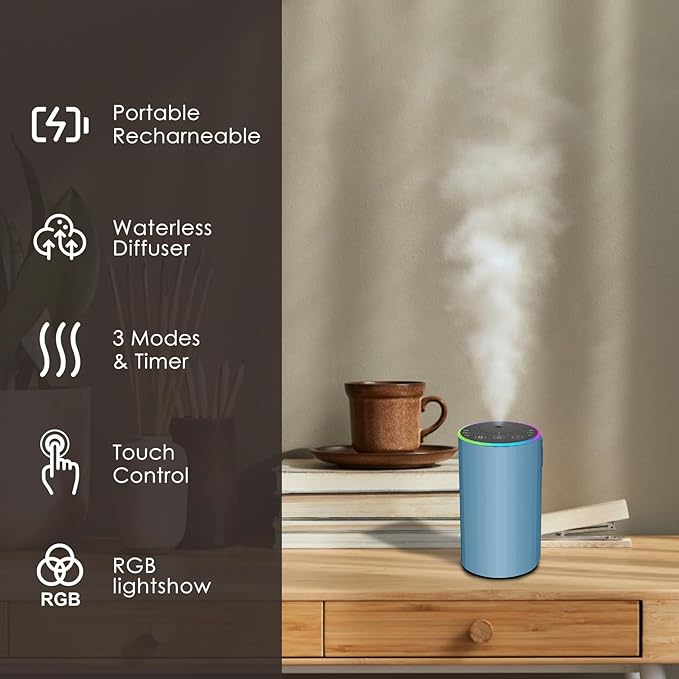 Waterless Essential Oil Diffuser, Battery Powered Mini Scent Air Machine, Aromatherapy Mist Diffuser for Home Room Car Office (Blue) - Image 5