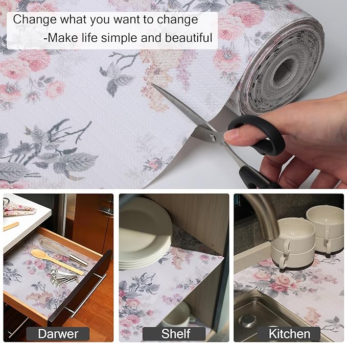 Drawer and Shelf Liner for Cabinets, Non-Adhesive and Strong Non-Slip Vintage Floral Shelf Cabinet Drawer Liners for Kitchen,Table,Bookshelves,Waterproof Cupboard Liners,12IN x 10FT - Image 7