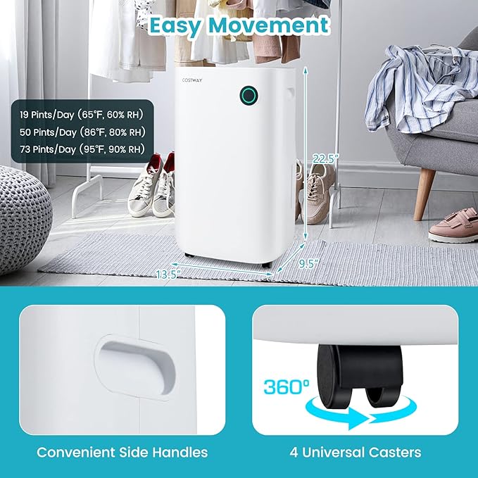 COSTWAY 73 Pint Dehumidifier for Basement, 4500 Sq. Ft Home Dehumidifier with 5 Modes, 3-Color Indicator Light, 1.7 Gallon Water Tank - Image 6