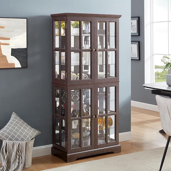 Lighted Glass Curio Cabinet with Lights & Adjustable Shelves,Curio Display Cabinet with Wood Frame & Glass Door,Corner Antique Display Case for Kitchen,Living Room,Office - Image 6