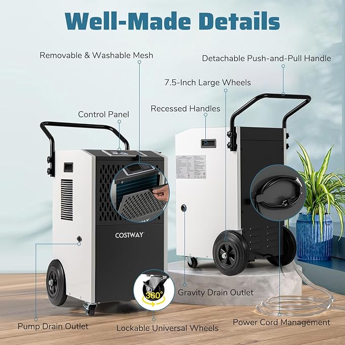 COSTWAY 154 Pints Commercial Dehumidifier with Pump, Portable Industrial Heavy Duty Large Dehumidifier with Drain Hoses for Basements, Job Sites (White) - Image 8