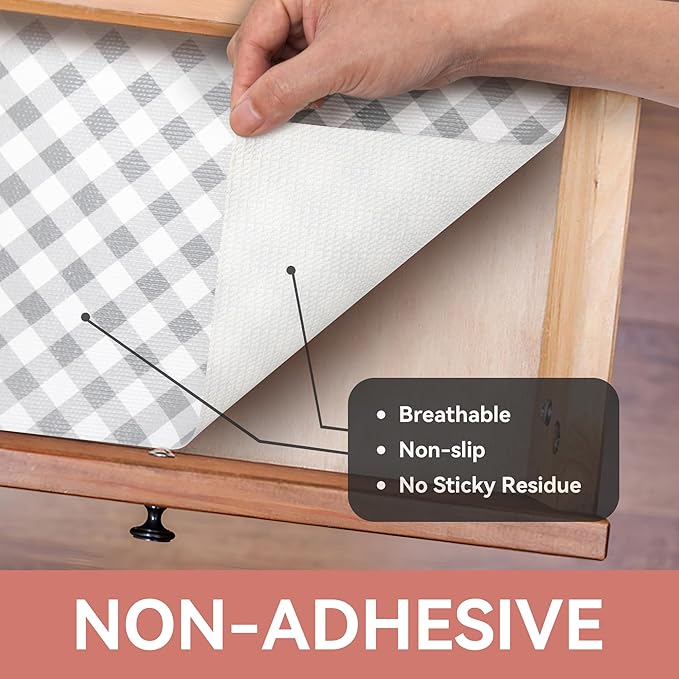 RAY STAR Shelf Liners for Kitchen Cabinets Non-Adhesive, 18 Inch X 8 Feet Cabinet Liners for Shelves Waterproof Easy Trim Wipe Clean Non Slip Grip Bottom Drawer Pantry Liner Gingham Checkered Grey - Image 8