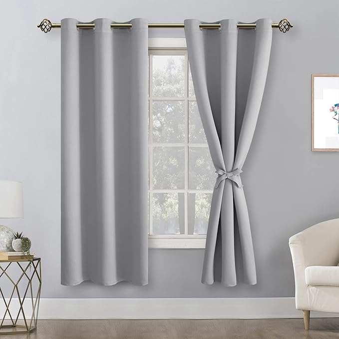 Hiasan Blackout Curtains for Bedroom, 38 x 63 Inches Length - Thermal Insulated & Light Blocking Window Curtains for Living Room, 2 Drape Panels Sewn with Tiebacks, Silver Grey - Image 2