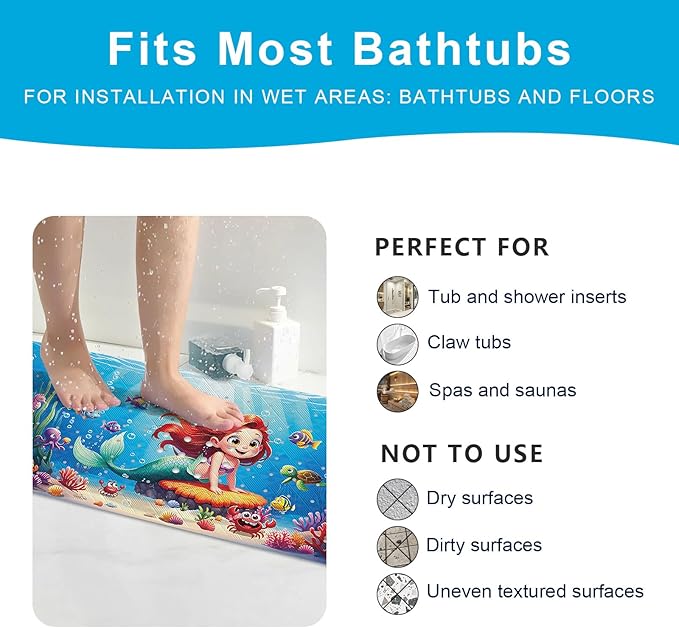XIYUNTE Baby Bath Mat for Tub Non Slip Kids Bath Mat - 40''x16'' Extra Long Cartoon Bathtub Mat Non Slip Kids Shower Mat Eco-Friendly Toddler Bath Mats with Suction Cups, Machine Washable, Mermaid - Image 7